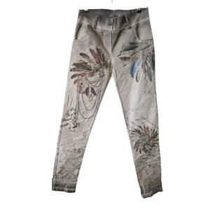 Womens Size 8 Pants Grey MADE IN ITALY Graphic Feathers Beads Writing Distressed